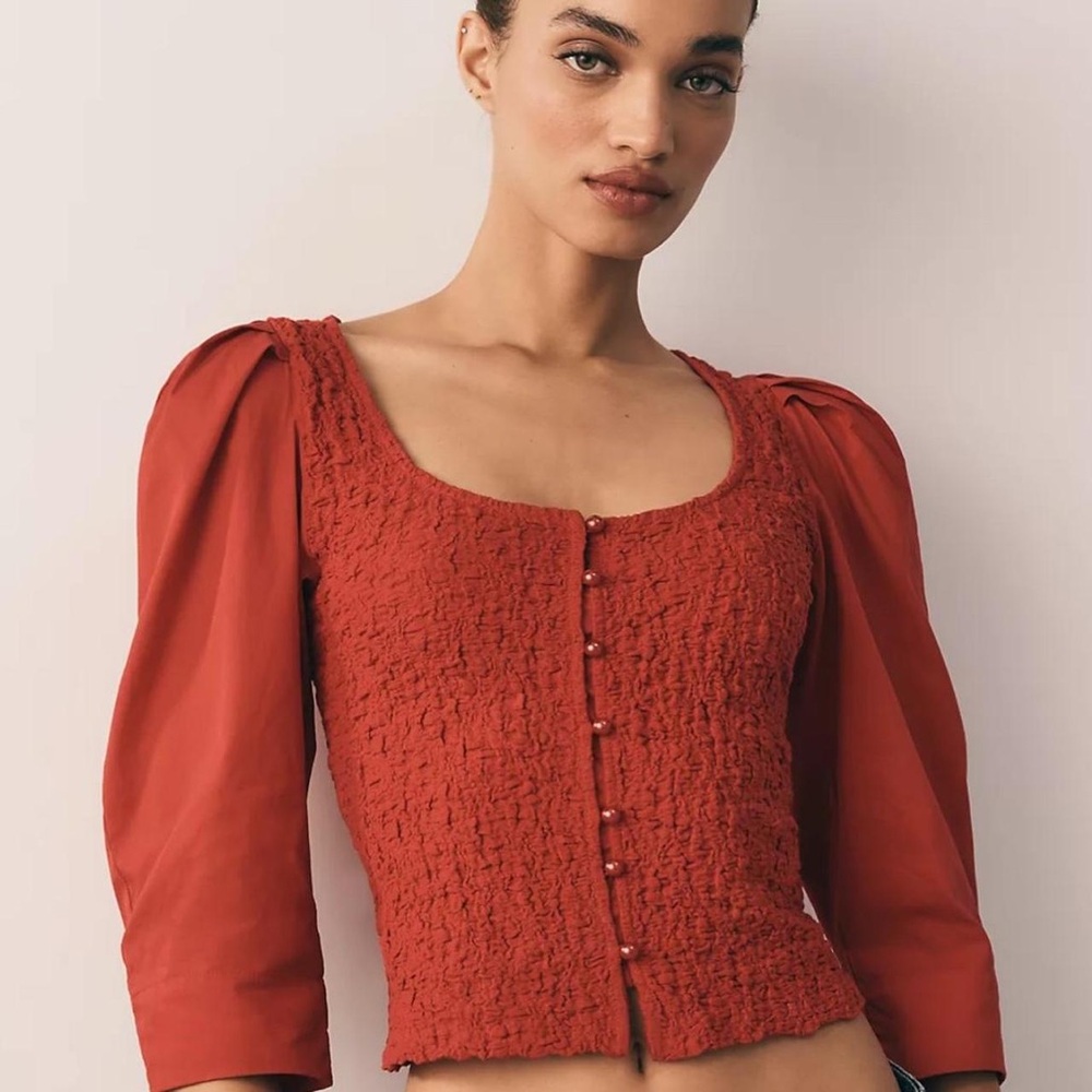 Anthropologie Textured Red Smocked Cardigan Top with Puff Sleeves Size XL